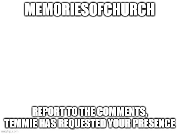 t a r m ie | MEMORIESOFCHURCH; REPORT TO THE COMMENTS, TEMMIE HAS REQUESTED YOUR PRESENCE | image tagged in blank white template | made w/ Imgflip meme maker