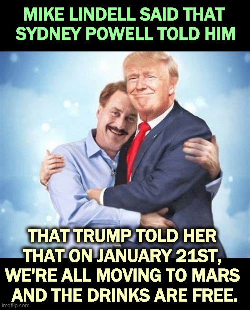 One president at a time, *sshole, and Trump ain't it. | MIKE LINDELL SAID THAT 
SYDNEY POWELL TOLD HIM; THAT TRUMP TOLD HER 
THAT ON JANUARY 21ST, 
WE'RE ALL MOVING TO MARS 
AND THE DRINKS ARE FREE. | image tagged in trump,pillow,idiot,fool,jerk | made w/ Imgflip meme maker