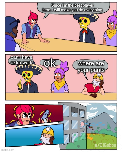 Brawl Stars Boardroom Meeting Suggestion | Since i'm the best player here, I will make you do everything; can i have extra work; ok; where are your pants | image tagged in brawl stars boardroom meeting suggestion | made w/ Imgflip meme maker
