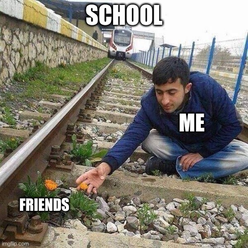 School prevents me from having my own damn friends |  SCHOOL; ME; FRIENDS | image tagged in flower train man,school sucks | made w/ Imgflip meme maker