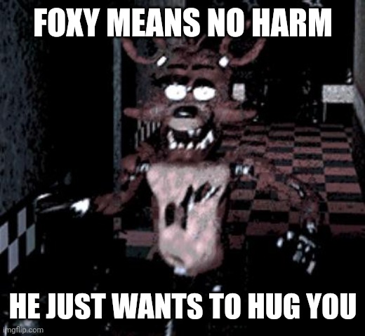 Foxy running | FOXY MEANS NO HARM; HE JUST WANTS TO HUG YOU | image tagged in foxy running | made w/ Imgflip meme maker