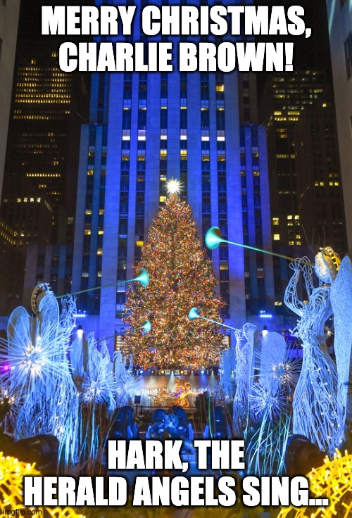 2020 Rockefeller Center Christmas Tree | MERRY CHRISTMAS,
CHARLIE BROWN! HARK, THE HERALD ANGELS SING... | image tagged in 2020 rockefeller center christmas tree | made w/ Imgflip meme maker