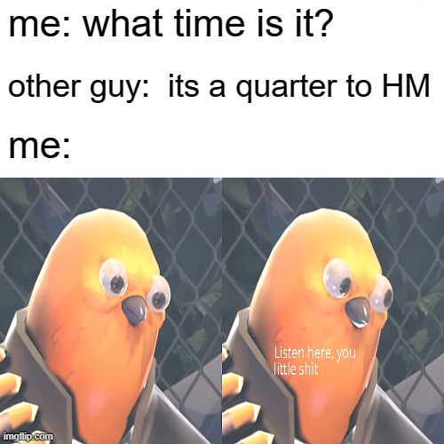 W H O T T  T I M E    I S I T? | me: what time is it? other guy:  its a quarter to HM; me: | image tagged in time meme | made w/ Imgflip meme maker