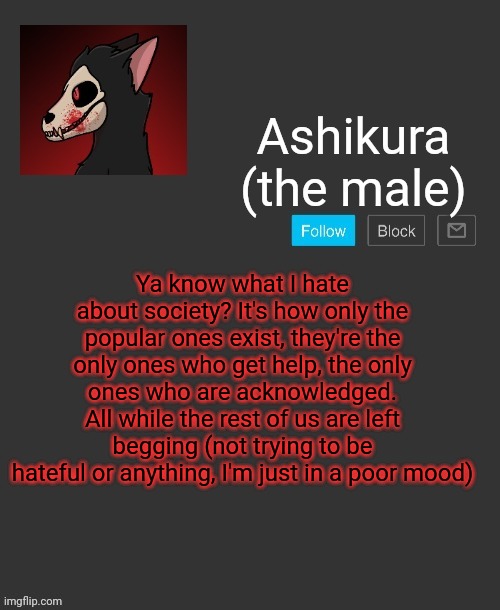 Ashikura's announcement template | Ya know what I hate about society? It's how only the popular ones exist, they're the only ones who get help, the only ones who are acknowledged. All while the rest of us are left begging (not trying to be hateful or anything, I'm just in a poor mood) | image tagged in ashikura's announcement template | made w/ Imgflip meme maker