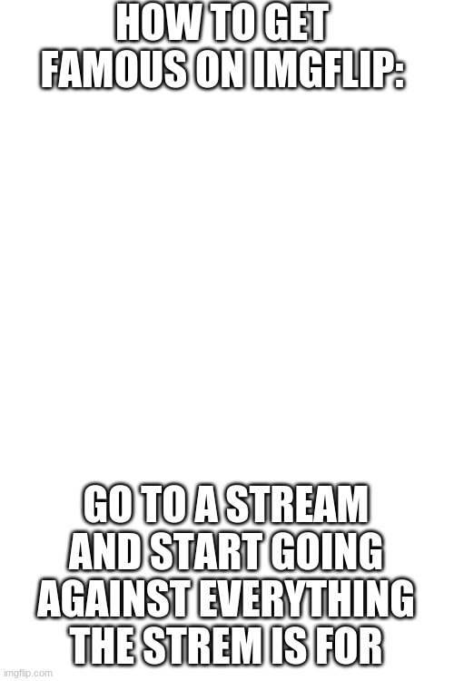 so this is the way to do it I guess? | HOW TO GET FAMOUS ON IMGFLIP:; GO TO A STREAM AND START GOING AGAINST EVERYTHING THE STREM IS FOR | image tagged in blank white template | made w/ Imgflip meme maker