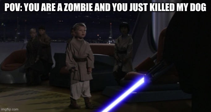 Anakin Kills Younglings | POV: YOU ARE A ZOMBIE AND YOU JUST KILLED MY DOG | image tagged in anakin kills younglings | made w/ Imgflip meme maker