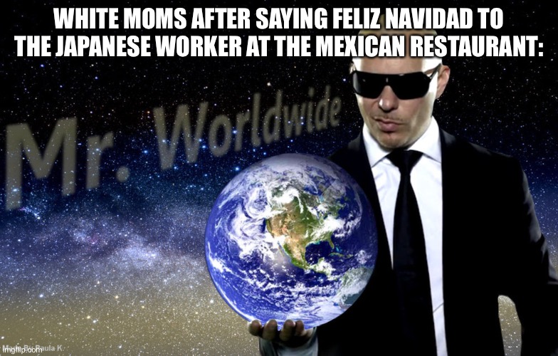 Mr Worldwide | WHITE MOMS AFTER SAYING FELIZ NAVIDAD TO THE JAPANESE WORKER AT THE MEXICAN RESTAURANT: | image tagged in mr worldwide | made w/ Imgflip meme maker