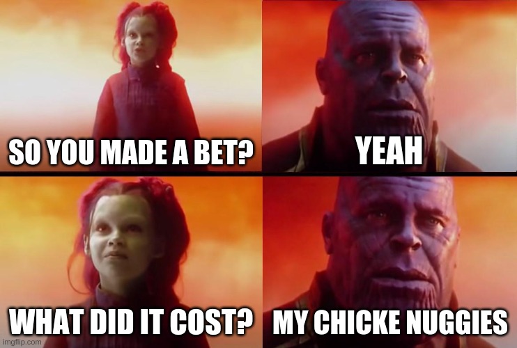 thanos what did it cost | SO YOU MADE A BET? YEAH; WHAT DID IT COST? MY CHICKE NUGGIES | image tagged in thanos what did it cost | made w/ Imgflip meme maker