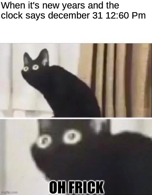 2020 will never end | When it's new years and the clock says december 31 12:60 Pm; OH FRICK | image tagged in oh no black cat,the year will never end | made w/ Imgflip meme maker