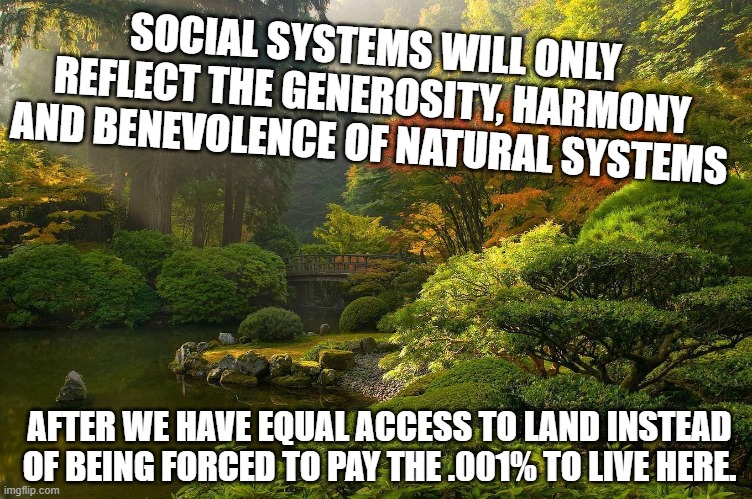 ecology 101 | SOCIAL SYSTEMS WILL ONLY REFLECT THE GENEROSITY, HARMONY AND BENEVOLENCE OF NATURAL SYSTEMS; AFTER WE HAVE EQUAL ACCESS TO LAND INSTEAD OF BEING FORCED TO PAY THE .001% TO LIVE HERE. | image tagged in economics,ecology,environment,climatechange,money | made w/ Imgflip meme maker