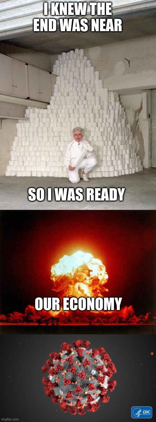 I KNEW THE END WAS NEAR; SO I WAS READY; OUR ECONOMY | image tagged in mountain of toilet paper,memes,nuclear explosion,covid 19 | made w/ Imgflip meme maker