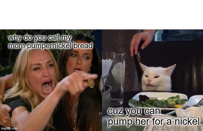 trashy bread | why do you call my mom pumpernickel bread; cuz you can pump her for a nickel | image tagged in memes,woman yelling at cat | made w/ Imgflip meme maker