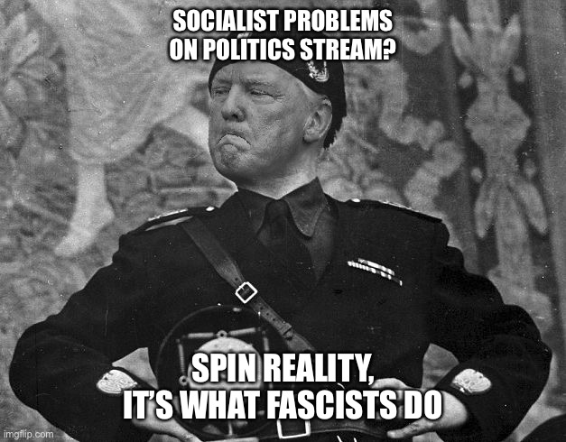 Fascist Trump | SOCIALIST PROBLEMS ON POLITICS STREAM? SPIN REALITY, IT’S WHAT FASCISTS DO | image tagged in fascist trump | made w/ Imgflip meme maker