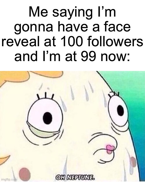 Me saying I’m gonna have a face reveal at 100 followers and I’m at 99 now: | image tagged in blank white template,oh neptune | made w/ Imgflip meme maker