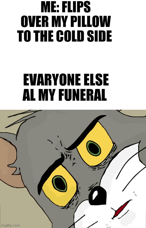 Legit | ME: FLIPS OVER MY PILLOW TO THE COLD SIDE; EVARYONE ELSE AL MY FUNERAL | image tagged in blank white template,memes,unsettled tom | made w/ Imgflip meme maker