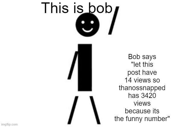 This is bob | This is bob; Bob says "let this post have 14 views so thanossnapped has 3420 views because its the funny number" | image tagged in this is bob | made w/ Imgflip meme maker