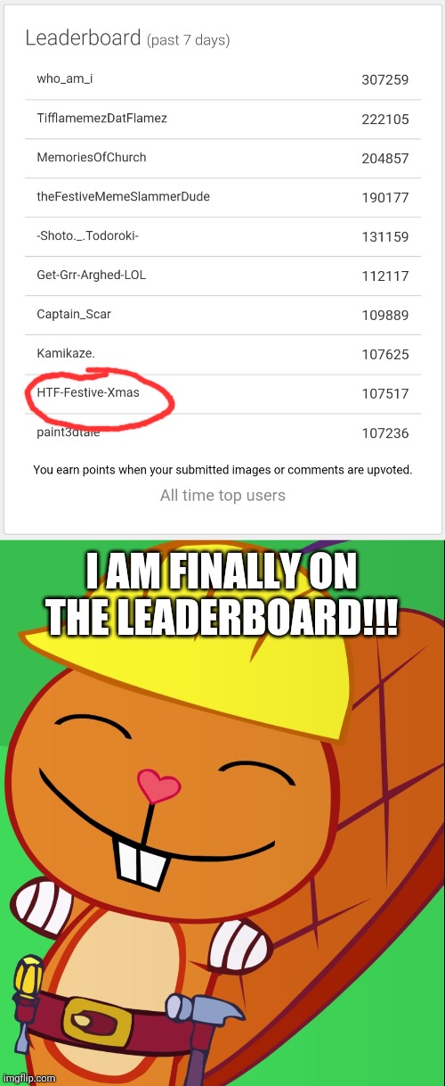 I finally got on the leaderboard!! Finally!!! |  I AM FINALLY ON THE LEADERBOARD!!! | image tagged in happy handy htf,imgflip users | made w/ Imgflip meme maker