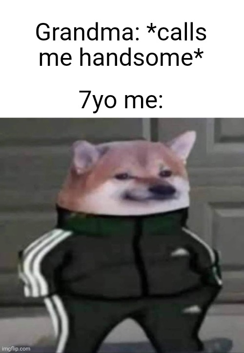 Yes | Grandma: *calls me handsome*; 7yo me: | image tagged in cheebs tracksuit | made w/ Imgflip meme maker