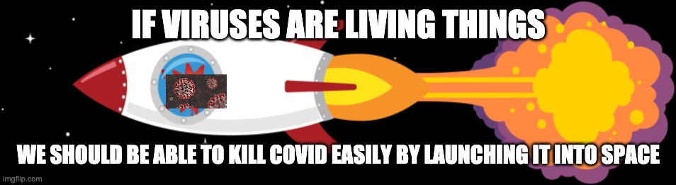 If viruses are living things, why hasn't the CDC thought of this? | IF VIRUSES ARE LIVING THINGS; WE SHOULD BE ABLE TO KILL COVID EASILY BY LAUNCHING IT INTO SPACE | image tagged in rocket,science,not a true story | made w/ Imgflip meme maker