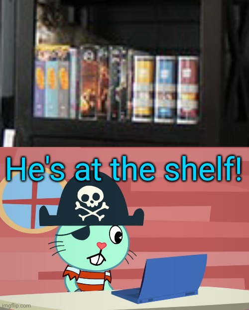 He's at the shelf! | image tagged in russell finds the internet htf | made w/ Imgflip meme maker