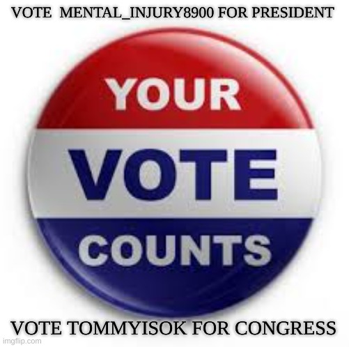 vote | VOTE  MENTAL_INJURY8900 FOR PRESIDENT; VOTE TOMMYISOK FOR CONGRESS | image tagged in vote | made w/ Imgflip meme maker