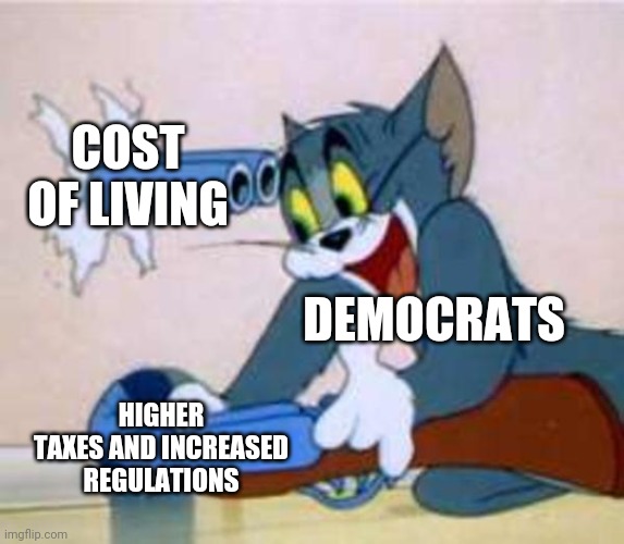 tom the cat shooting himself  | COST OF LIVING; DEMOCRATS; HIGHER TAXES AND INCREASED REGULATIONS | image tagged in tom the cat shooting himself | made w/ Imgflip meme maker