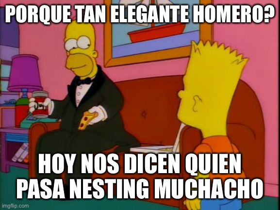 Por que tan elegante homero | PORQUE TAN ELEGANTE HOMERO? HOY NOS DICEN QUIEN PASA NESTING MUCHACHO | image tagged in por que tan elegante homero | made w/ Imgflip meme maker