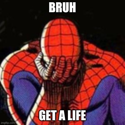 BRUH GET A LIFE | image tagged in memes,sad spiderman,spiderman | made w/ Imgflip meme maker