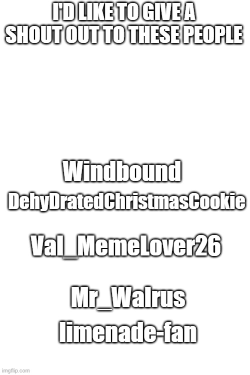 Thank you so much for posting on my stream! | I'D LIKE TO GIVE A SHOUT OUT TO THESE PEOPLE; Windbound; DehyDratedChristmasCookie; Val_MemeLover26; Mr_Walrus; limenade-fan | image tagged in blank white template | made w/ Imgflip meme maker