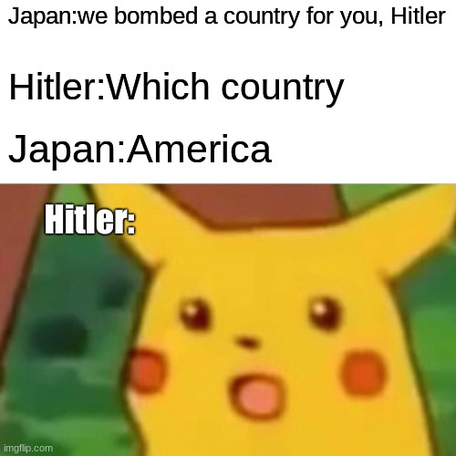 you have awoken the beast | Japan:we bombed a country for you, Hitler; Hitler:Which country; Japan:America; Hitler: | image tagged in memes,surprised pikachu | made w/ Imgflip meme maker