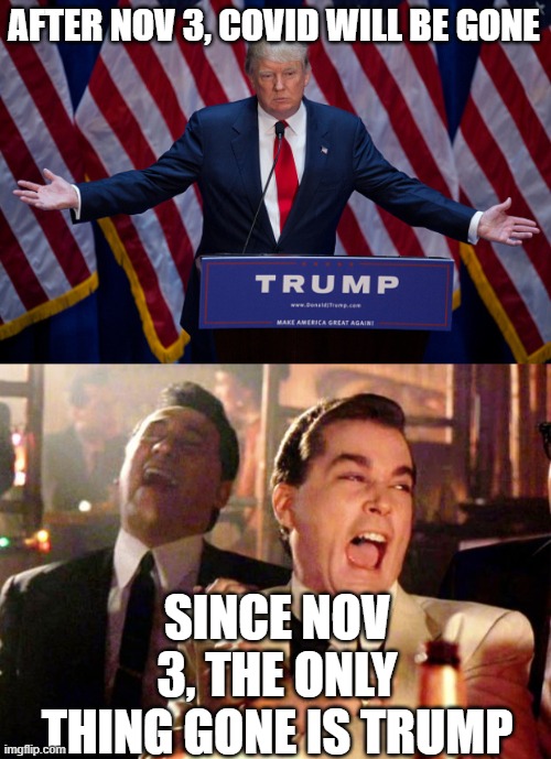 Where is Trump's concern for the American people dying of covid? | AFTER NOV 3, COVID WILL BE GONE; SINCE NOV 3, THE ONLY THING GONE IS TRUMP | image tagged in donald trump,goodfellas laugh | made w/ Imgflip meme maker