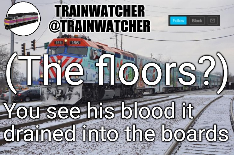 Trainwatcher Announcement 6 | (The floors?); You see his blood it drained into the boards | image tagged in trainwatcher announcement 6 | made w/ Imgflip meme maker