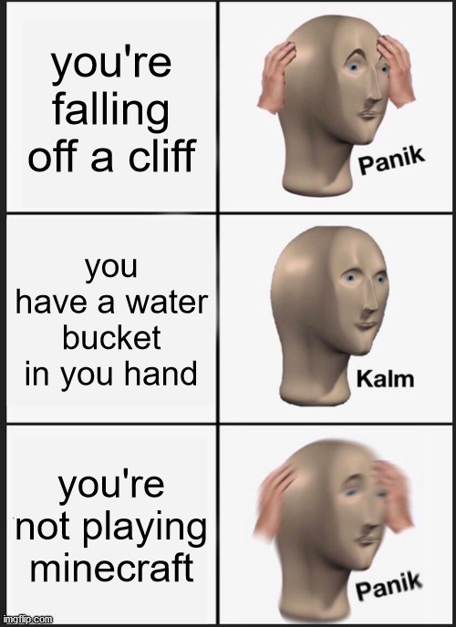 yes | you're falling off a cliff; you have a water bucket in you hand; you're not playing minecraft | image tagged in memes,panik kalm panik | made w/ Imgflip meme maker