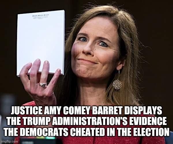 Amy comey barett boss | JUSTICE AMY COMEY BARRET DISPLAYS THE TRUMP ADMINISTRATION'S EVIDENCE THE DEMOCRATS CHEATED IN THE ELECTION | image tagged in amy comey barett boss | made w/ Imgflip meme maker
