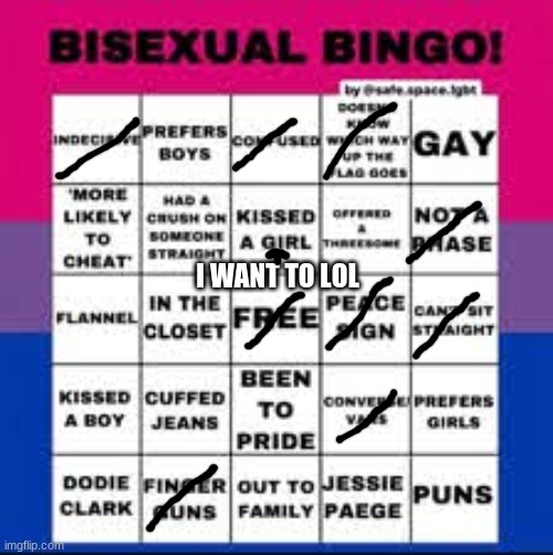 bisexual bingo card | I WANT TO LOL | image tagged in bisexual bingo card | made w/ Imgflip meme maker