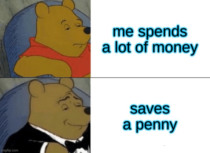 bored | me spends a lot of money; saves a penny | image tagged in memes,tuxedo winnie the pooh | made w/ Imgflip meme maker