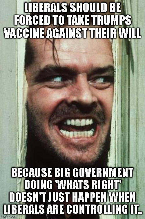 you want big government -- you should start getting it right now.. | LIBERALS SHOULD BE FORCED TO TAKE TRUMPS VACCINE AGAINST THEIR WILL; BECAUSE BIG GOVERNMENT DOING 'WHATS RIGHT' DOESN'T JUST HAPPEN WHEN LIBERALS ARE CONTROLLING IT.. | image tagged in memes,here's johnny | made w/ Imgflip meme maker