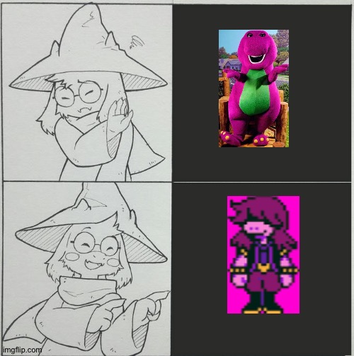 Susie could be Barney... | image tagged in ralsei template,barney,susie,deltarune,toby fox,ralsei | made w/ Imgflip meme maker