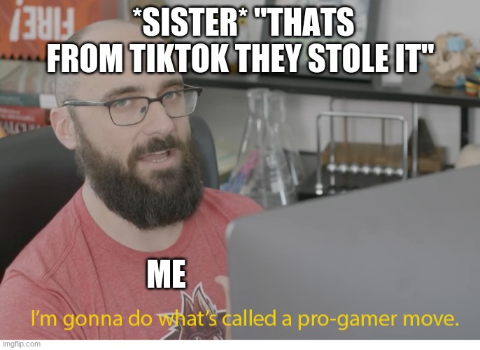 I'm gonna do what's called a pro-gamer move. | *SISTER* "THATS FROM TIKTOK THEY STOLE IT"; ME | image tagged in i'm gonna do what's called a pro-gamer move | made w/ Imgflip meme maker