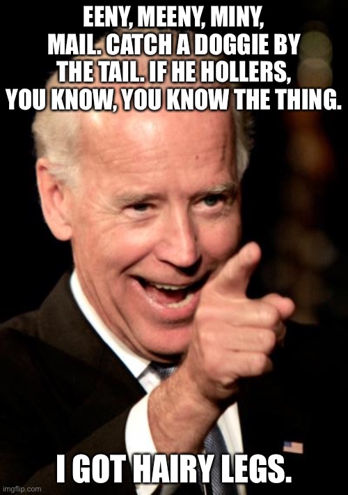 Just had to make this Joe Biden rhyme | EENY, MEENY, MINY, MAIL. CATCH A DOGGIE BY THE TAIL. IF HE HOLLERS, YOU KNOW, YOU KNOW THE THING. I GOT HAIRY LEGS. | image tagged in memes,smilin biden,joe biden,dog,words,hairy legs | made w/ Imgflip meme maker