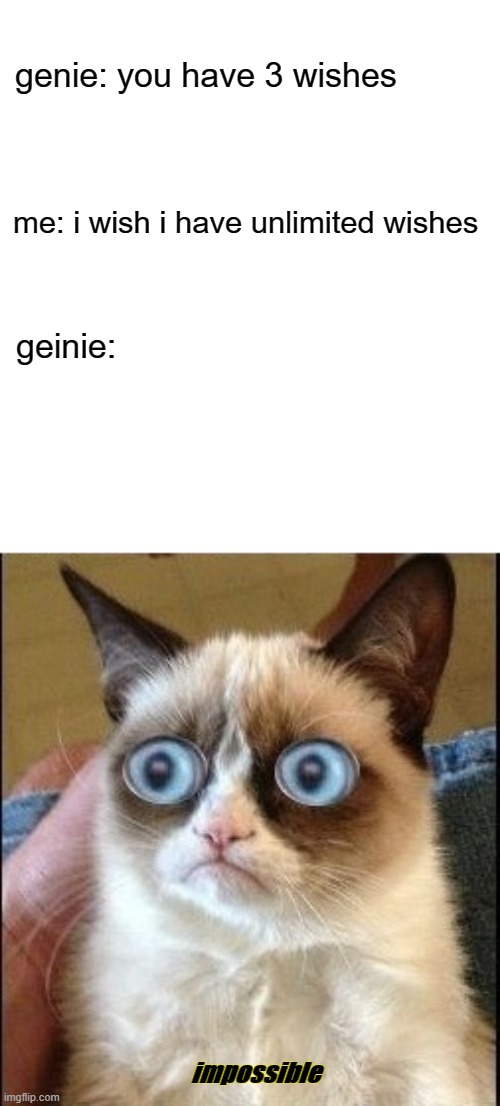 hey you cant have unlimited wishes! | genie: you have 3 wishes; me: i wish i have unlimited wishes; geinie:; impossible | image tagged in grumpy cat shocked,infinite iq,funny,memes,jokes,impossible | made w/ Imgflip meme maker