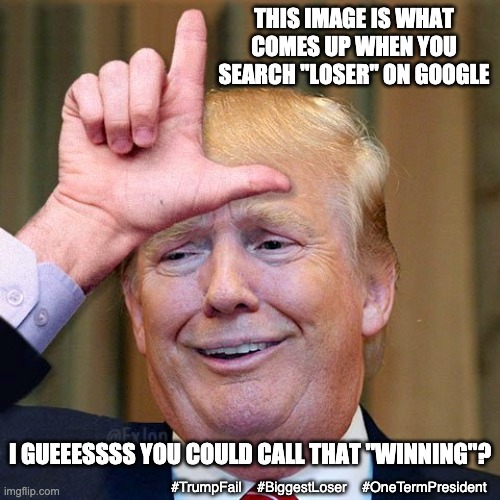 I wonder how long it has been the result? | THIS IMAGE IS WHAT COMES UP WHEN YOU SEARCH "LOSER" ON GOOGLE; I GUEEESSSS YOU COULD CALL THAT "WINNING"? #TrumpFail    #BiggestLoser    #OneTermPresident | image tagged in trump loser,loser,trump,election,fraud,law and order | made w/ Imgflip meme maker