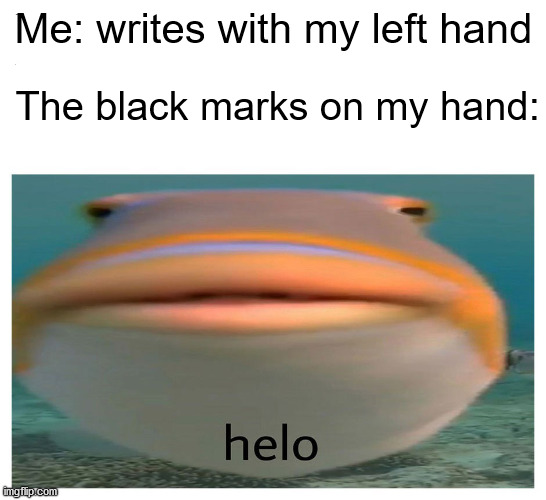 i'm afraid only fellow lefties will understand | The black marks on my hand:; Me: writes with my left hand | image tagged in helo fish | made w/ Imgflip meme maker