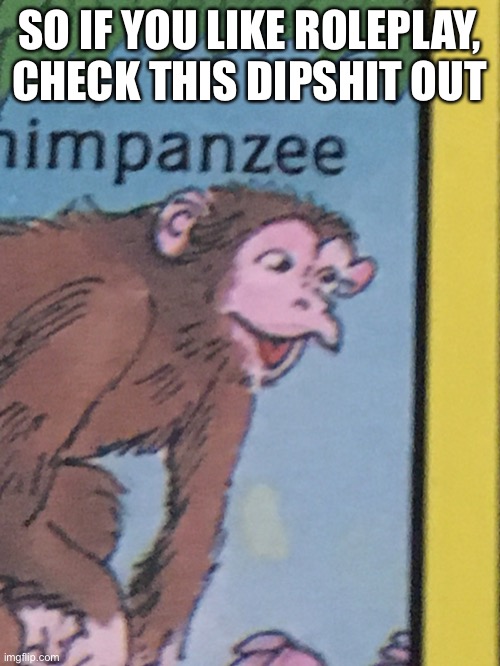 Link in comments | SO IF YOU LIKE ROLEPLAY, CHECK THIS DIPSHIT OUT | image tagged in chimpanzee pog | made w/ Imgflip meme maker
