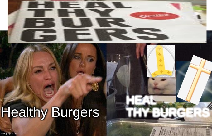 Woman Yelling At Cat Meme | HEAL THY BURGERS; Healthy Burgers | image tagged in memes,woman yelling at cat | made w/ Imgflip meme maker