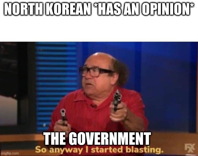 So anyway I started blasting | NORTH KOREAN *HAS AN OPINION*; THE GOVERNMENT | image tagged in so anyway i started blasting | made w/ Imgflip meme maker