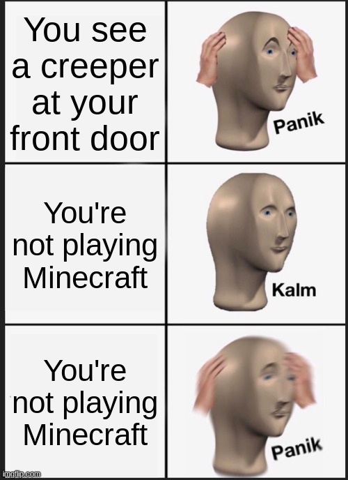 Hol' up | You see a creeper at your front door; You're not playing Minecraft; You're not playing Minecraft | image tagged in memes,panik kalm panik | made w/ Imgflip meme maker