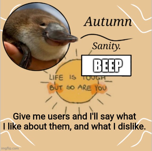 E | BEEP; Give me users and I'll say what I like about them, and what I dislike. | image tagged in e | made w/ Imgflip meme maker