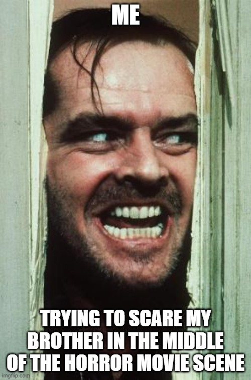 Here's Johnny Meme | ME; TRYING TO SCARE MY BROTHER IN THE MIDDLE OF THE HORROR MOVIE SCENE | image tagged in memes,here's johnny | made w/ Imgflip meme maker