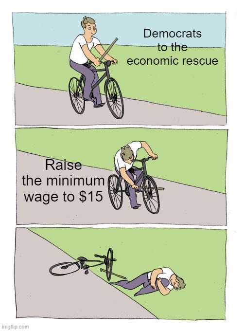 Bike Fall | Democrats to the economic rescue; Raise the minimum wage to $15 | image tagged in memes,bike fall | made w/ Imgflip meme maker
